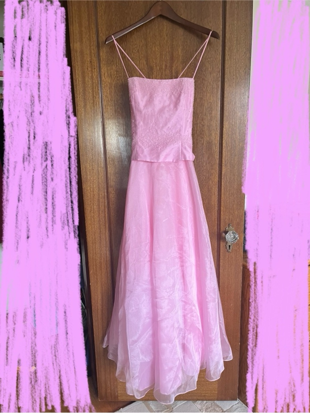 y2k pink dress with beaded bodice and shawl